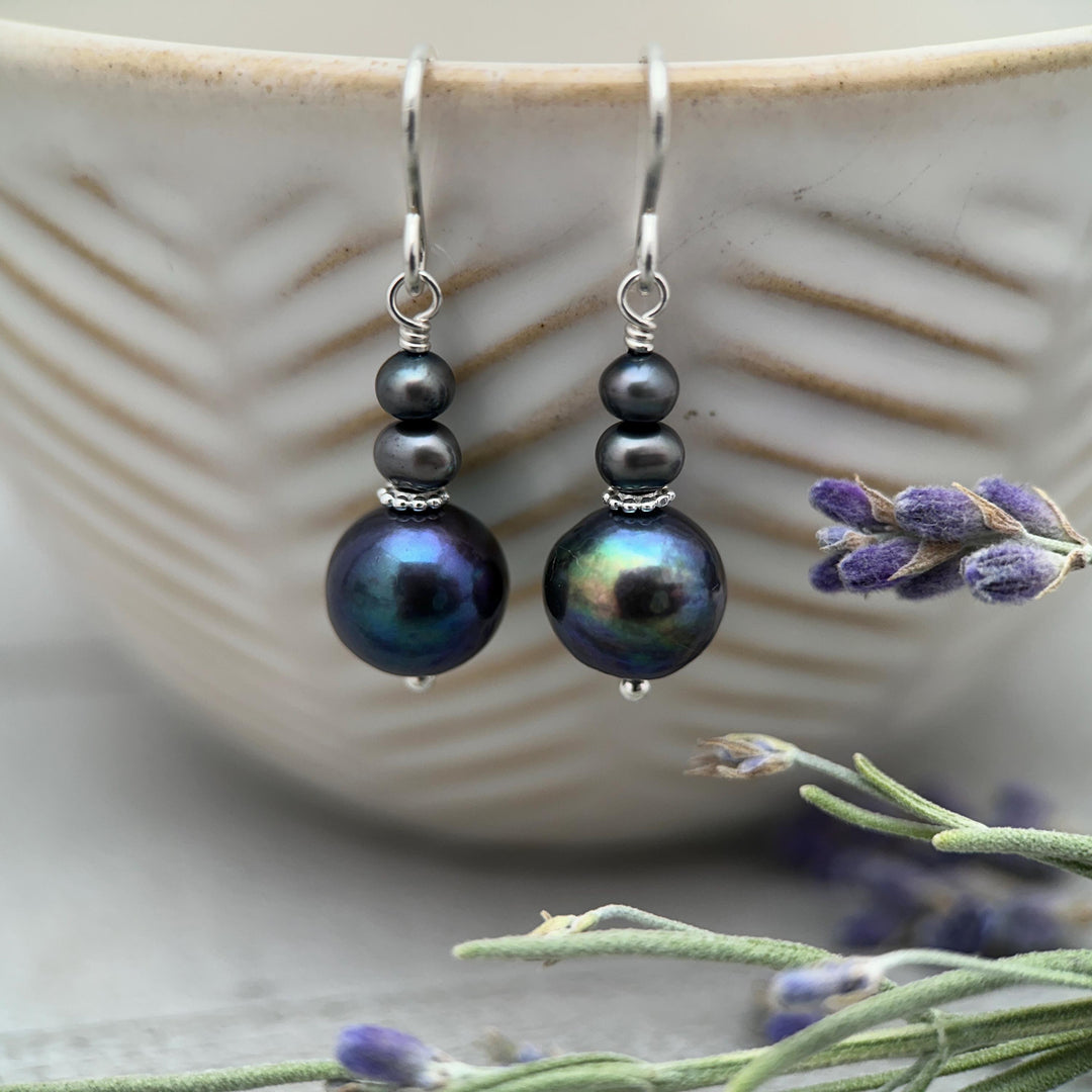 Peacock Baroque Coin Pearl Earrings – Iridescent Freshwater Pearls with Sterling Silver – Handmade in the USA - SunlightSilver