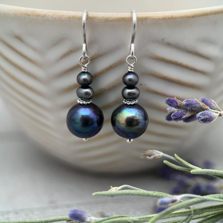 Peacock Baroque Coin Pearl Earrings – Iridescent Freshwater Pearls with Sterling Silver – Handmade in the USA - SunlightSilver
