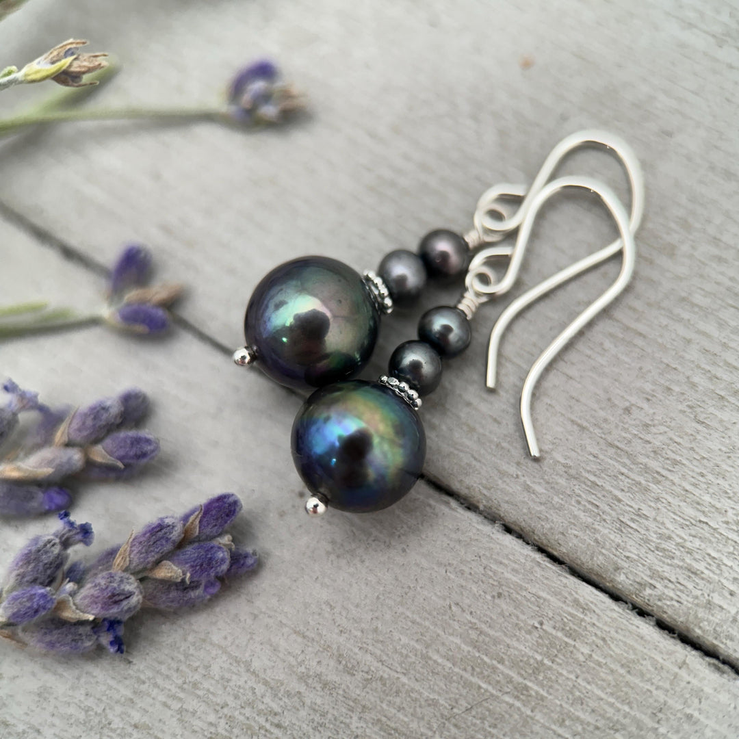 Peacock Baroque Coin Pearl Earrings – Iridescent Freshwater Pearls with Sterling Silver – Handmade in the USA - SunlightSilver