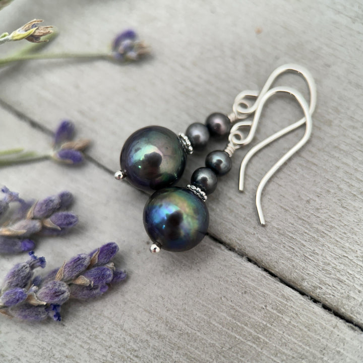 Peacock Baroque Coin Pearl Earrings – Iridescent Freshwater Pearls with Sterling Silver – Handmade in the USA - SunlightSilver