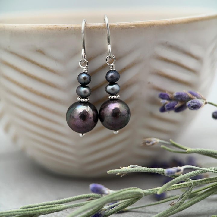 Peacock Baroque Coin Pearl Earrings – Iridescent Freshwater Pearls with Sterling Silver – Handmade in the USA - SunlightSilver