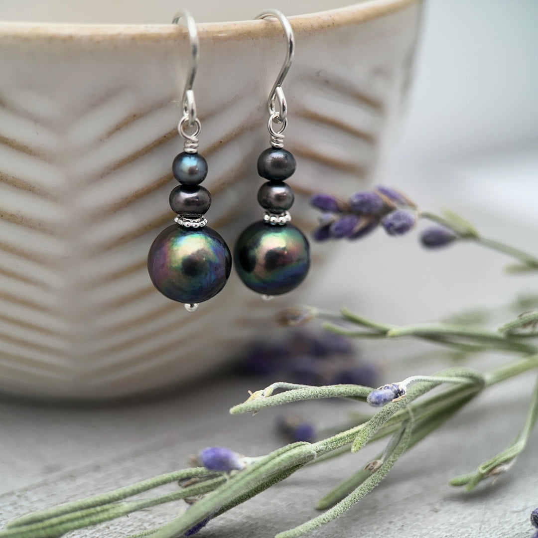 Peacock Baroque Coin Pearl Earrings – Iridescent Freshwater Pearls with Sterling Silver – Handmade in the USA - SunlightSilver