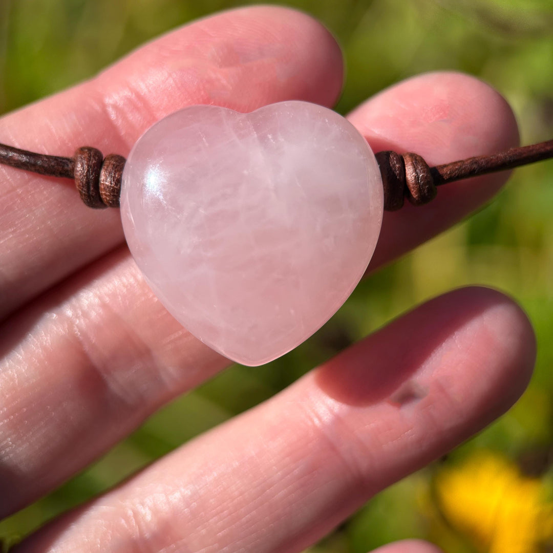 Rose Quartz Heart Pendant Necklace – Polished Pink Gemstone on Brown Leather Cord – Light Pink Healing Crystal - Handmade in the USA - SunlightSilver