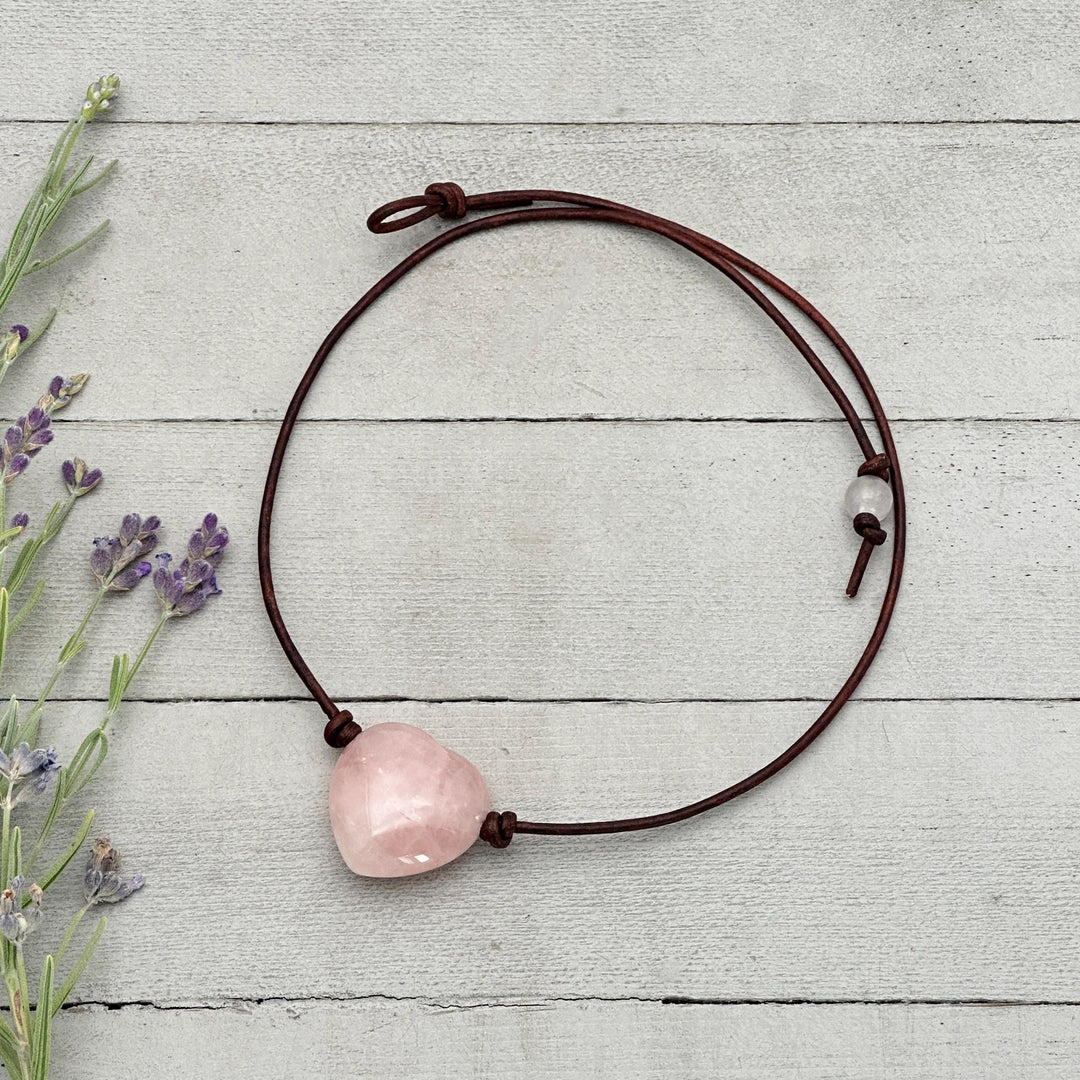 Rose Quartz Heart Pendant Necklace – Polished Pink Gemstone on Brown Leather Cord – Light Pink Healing Crystal - Handmade in the USA - SunlightSilver