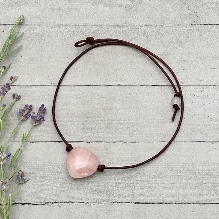 Rose Quartz Heart Pendant Necklace – Polished Pink Gemstone on Brown Leather Cord – Light Pink Healing Crystal - Handmade in the USA - SunlightSilver