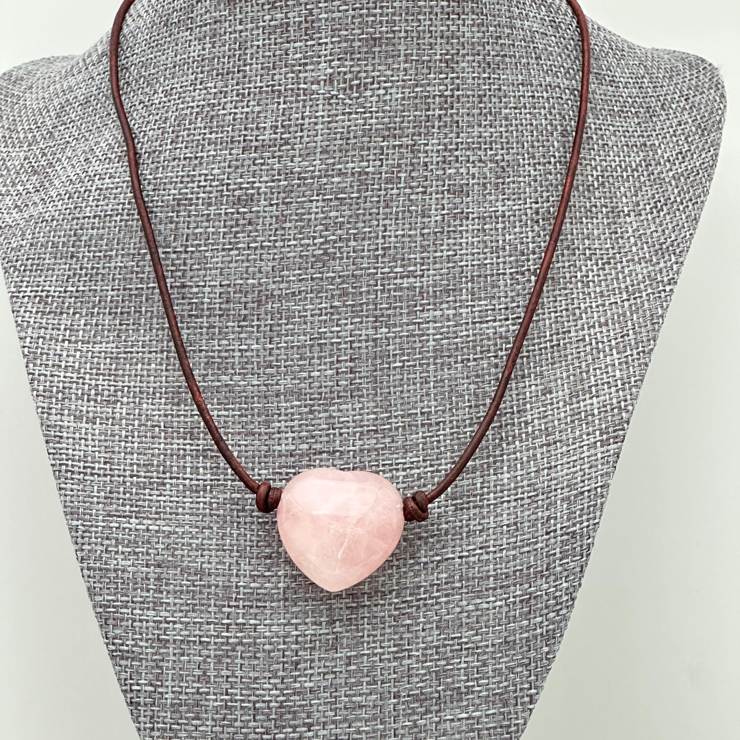 Rose Quartz Heart Pendant Necklace – Polished Pink Gemstone on Brown Leather Cord – Light Pink Healing Crystal - Handmade in the USA - SunlightSilver