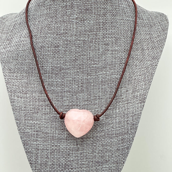 Rose Quartz Heart Pendant Necklace – Polished Pink Gemstone on Brown Leather Cord – Light Pink Healing Crystal - Handmade in the USA - SunlightSilver
