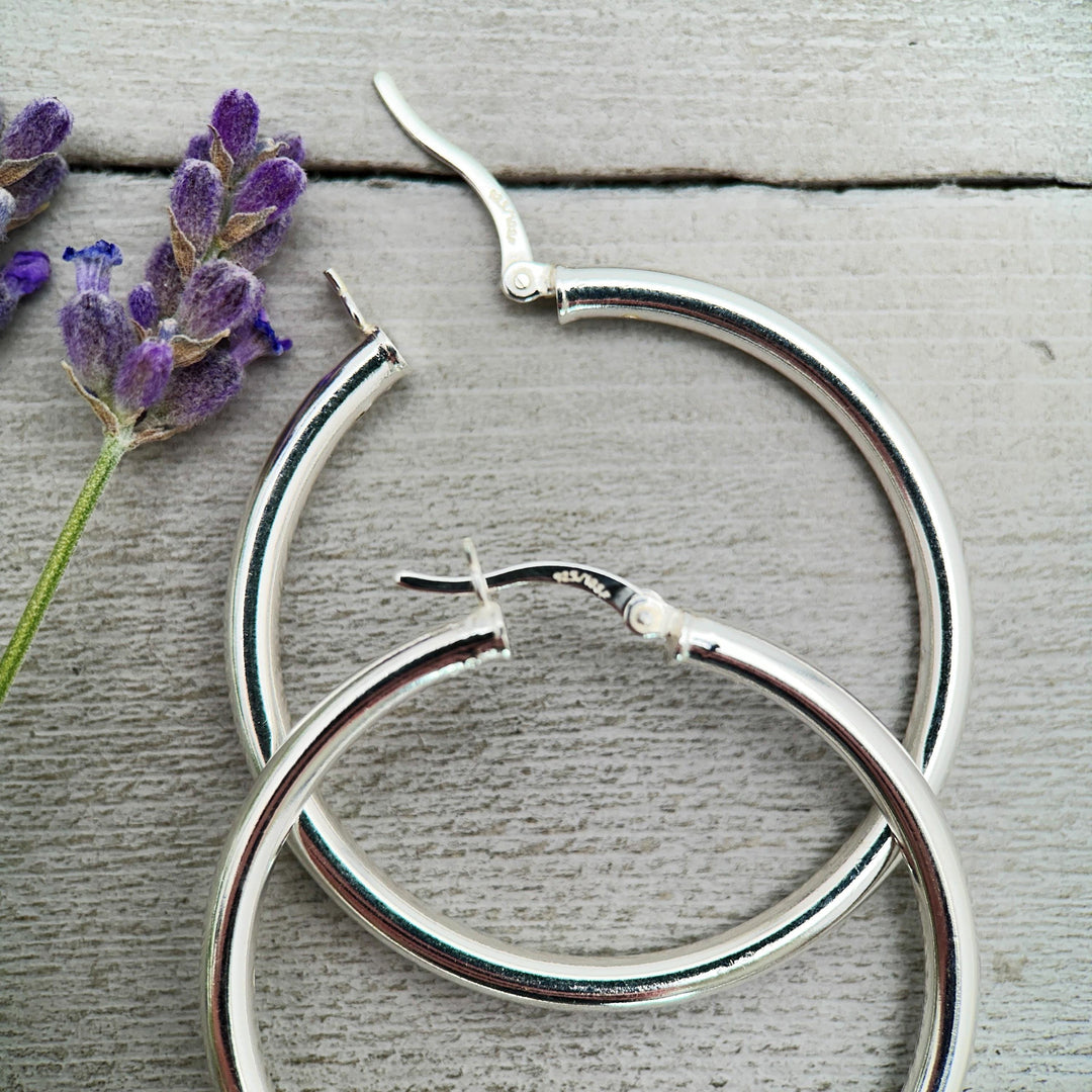 Sterling Silver Hoop Earrings 1.5 inch | 40mm x 3mm Thick Silver Filled Hoops, Bold Lightweight Hinged | Everyday Statement Silver Jewelry - SunlightSilver