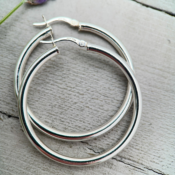 Sterling Silver Hoop Earrings 1.5 inch | 40mm x 3mm Thick Silver Filled Hoops, Bold Lightweight Hinged | Everyday Statement Silver Jewelry - SunlightSilver