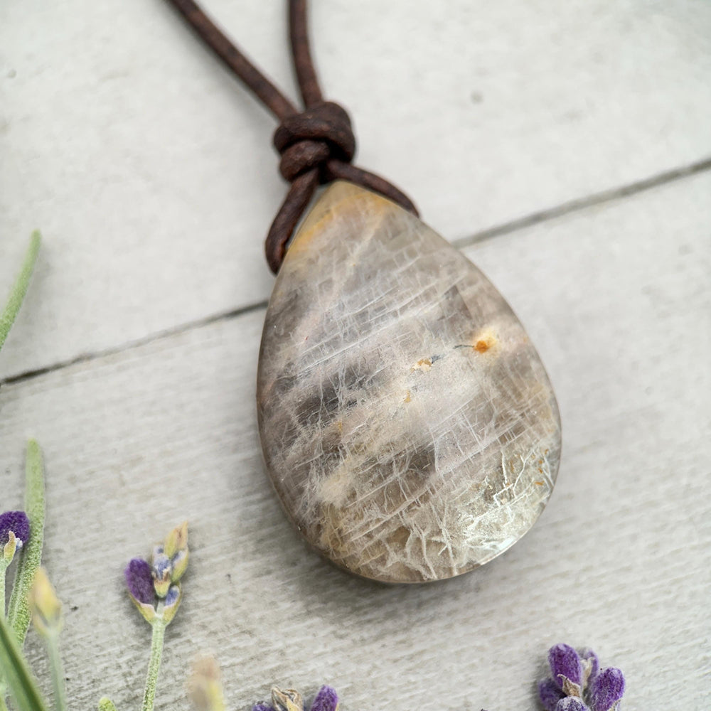 Sunstone Teardrop Necklace | Brown Leather Cord Jewelry | Peach Sunstone Pendant | Natural Gemstone Jewelry - SunlightSilver