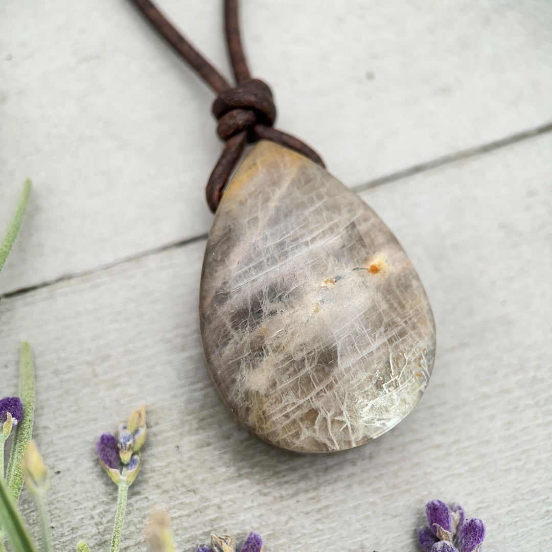 Sunstone Teardrop Necklace | Brown Leather Cord Jewelry | Peach Sunstone Pendant | Natural Gemstone Jewelry - SunlightSilver