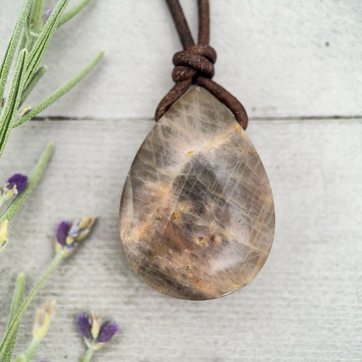 Sunstone Teardrop Necklace | Brown Leather Cord Jewelry | Peach Sunstone Pendant | Natural Gemstone Jewelry - SunlightSilver
