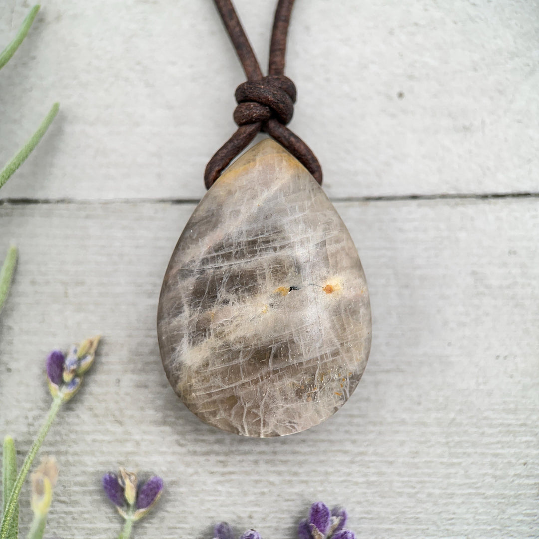 Sunstone Teardrop Necklace | Brown Leather Cord Jewelry | Peach Sunstone Pendant | Natural Gemstone Jewelry - SunlightSilver