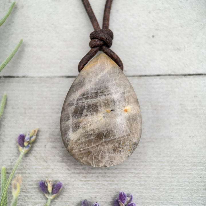 Sunstone Teardrop Necklace | Brown Leather Cord Jewelry | Peach Sunstone Pendant | Natural Gemstone Jewelry - SunlightSilver