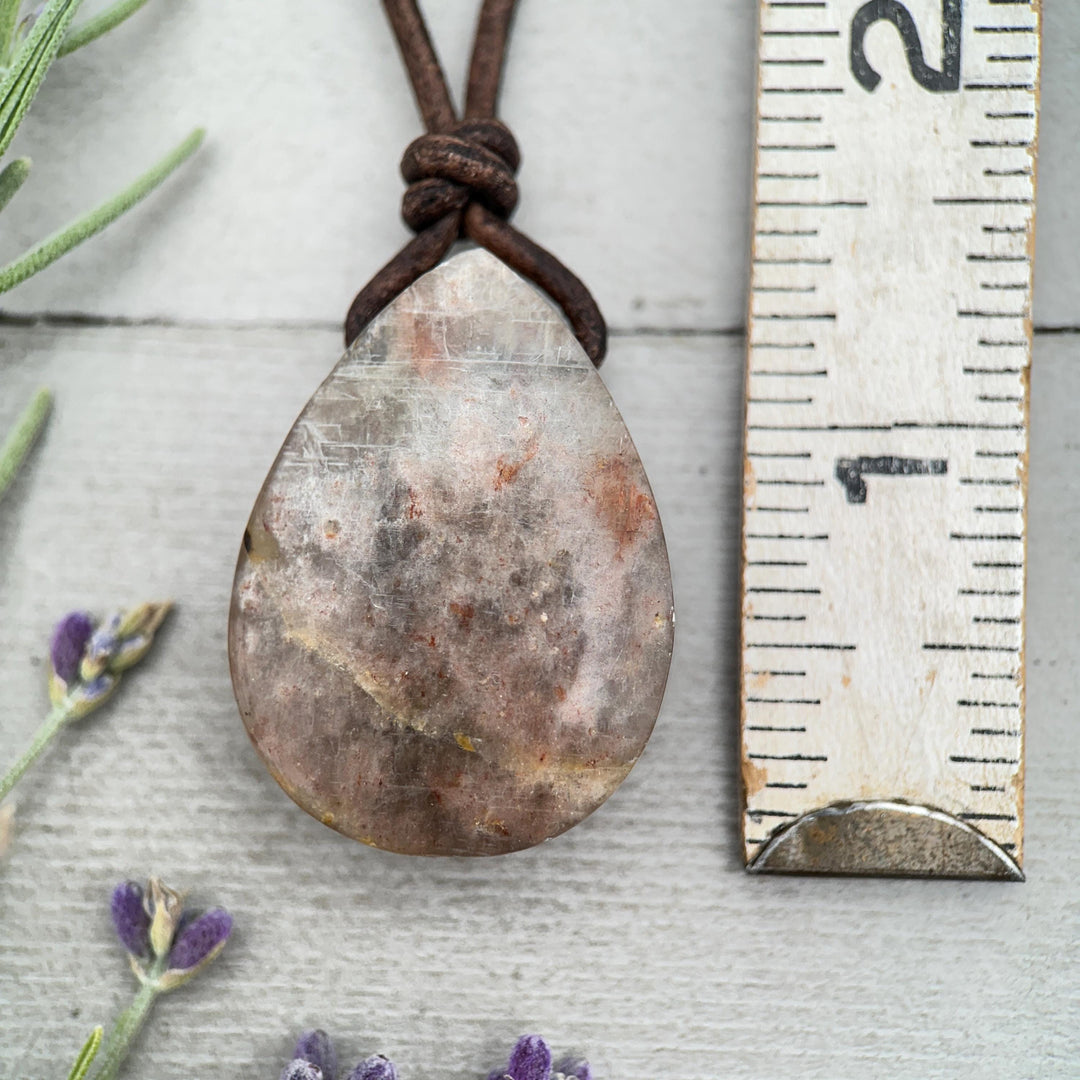Sunstone Teardrop Necklace | Brown Leather Cord Jewelry | Peach Sunstone Pendant | Natural Gemstone Jewelry - SunlightSilver
