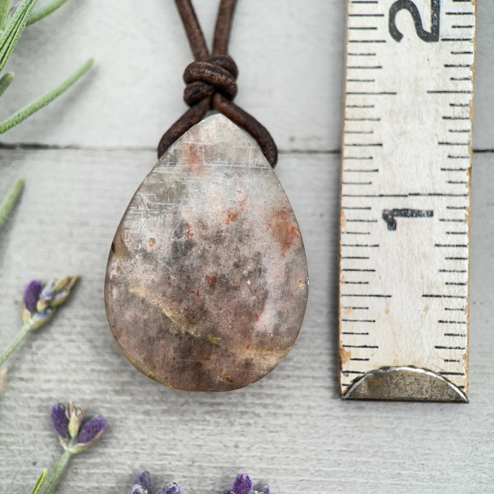 Sunstone Teardrop Necklace | Brown Leather Cord Jewelry | Peach Sunstone Pendant | Natural Gemstone Jewelry - SunlightSilver