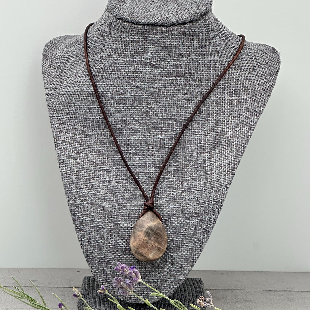 Sunstone Teardrop Necklace | Brown Leather Cord Jewelry | Peach Sunstone Pendant | Natural Gemstone Jewelry - SunlightSilver