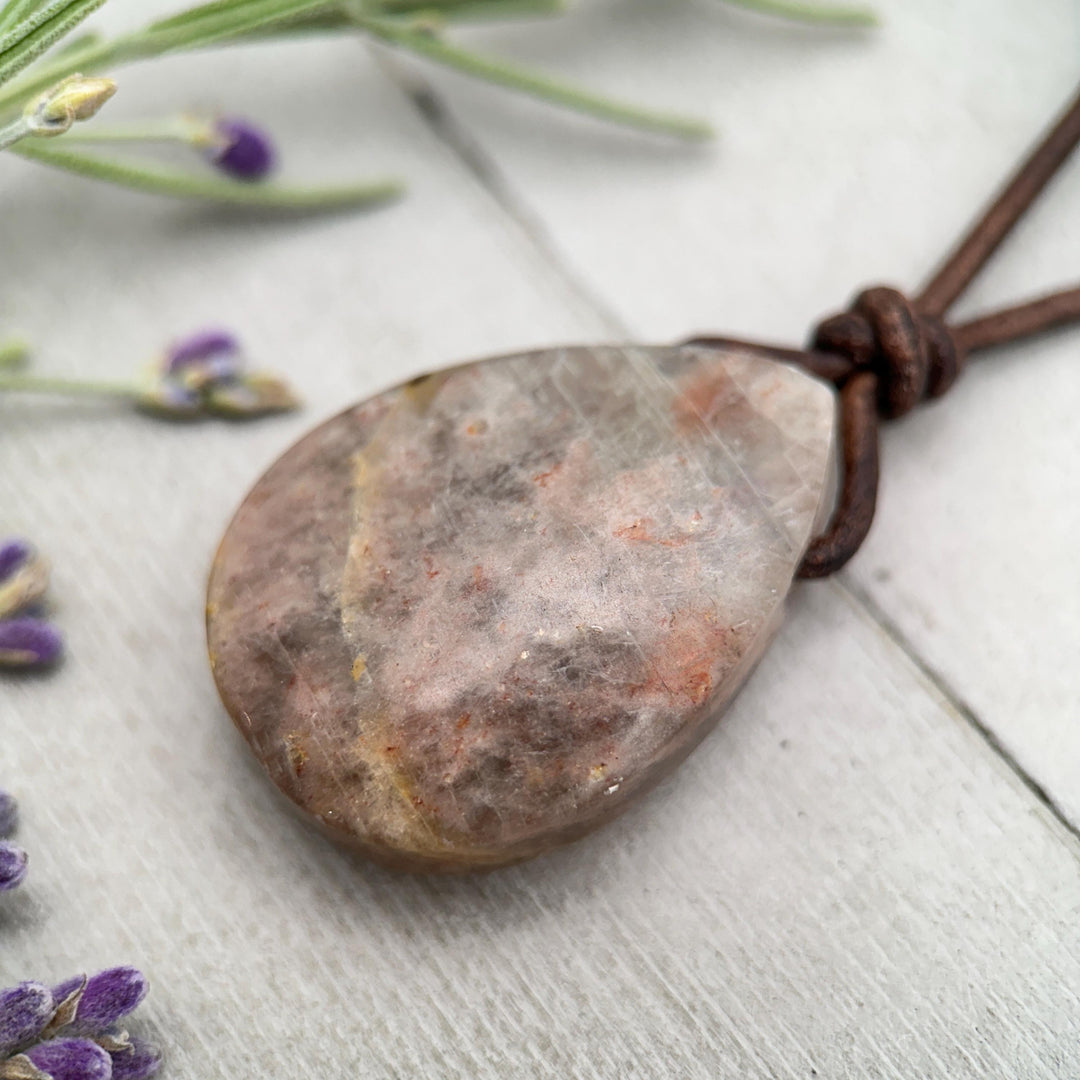 Sunstone Teardrop Necklace | Brown Leather Cord Jewelry | Peach Sunstone Pendant | Natural Gemstone Jewelry - SunlightSilver