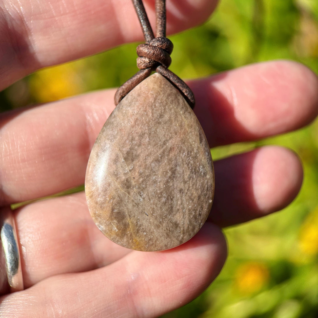 Sunstone Teardrop Necklace | Brown Leather Cord Jewelry | Peach Sunstone Pendant | Natural Gemstone Jewelry - SunlightSilver