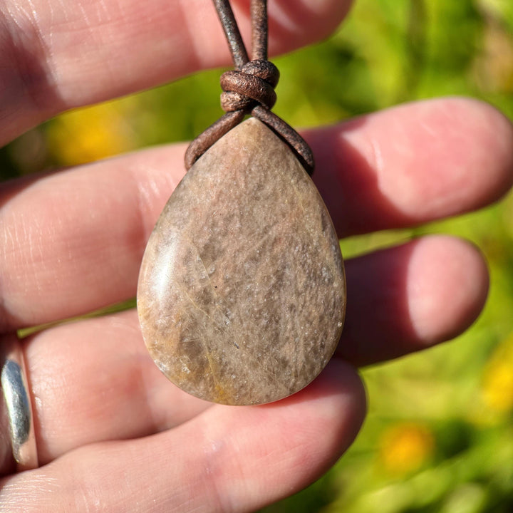 Sunstone Teardrop Necklace | Brown Leather Cord Jewelry | Peach Sunstone Pendant | Natural Gemstone Jewelry - SunlightSilver