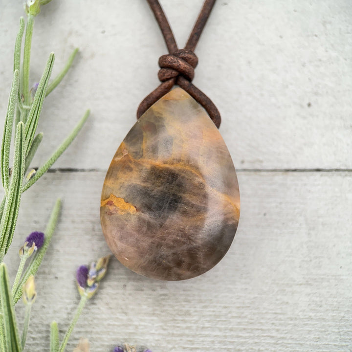 Sunstone Teardrop Necklace | Brown Leather Cord Jewelry | Peach Sunstone Pendant | Natural Gemstone Jewelry - SunlightSilver