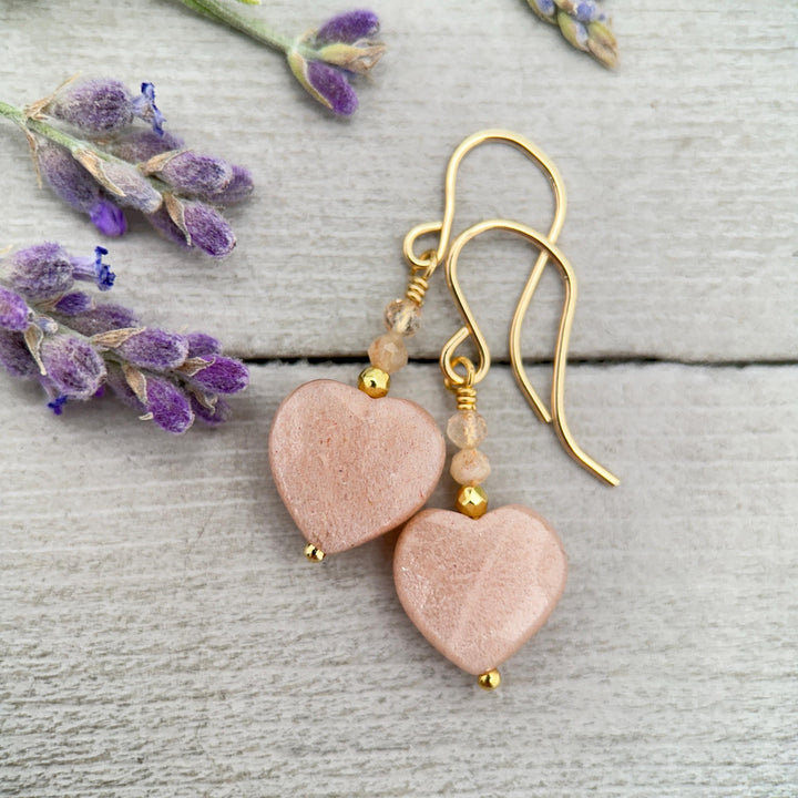 Sunstone Heart Earrings - Faceted Peach Gemstone Dangles -14k Gold Fill Earrings - Golden Heart Jewelry - SunlightSilver