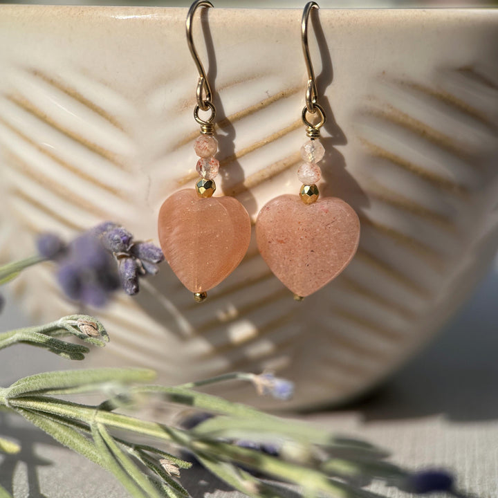 Sunstone Heart Earrings - Faceted Peach Gemstone Dangles -14k Gold Fill Earrings - Golden Heart Jewelry - SunlightSilver