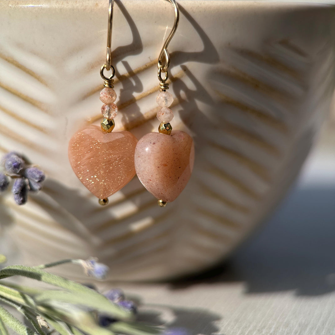 Sunstone Heart Earrings - Faceted Peach Gemstone Dangles -14k Gold Fill Earrings - Golden Heart Jewelry - SunlightSilver