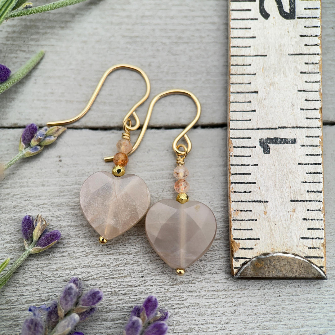 Sunstone Heart Earrings - Faceted Peach Gemstone Dangles -14k Gold Fill Earrings - Golden Heart Jewelry - SunlightSilver