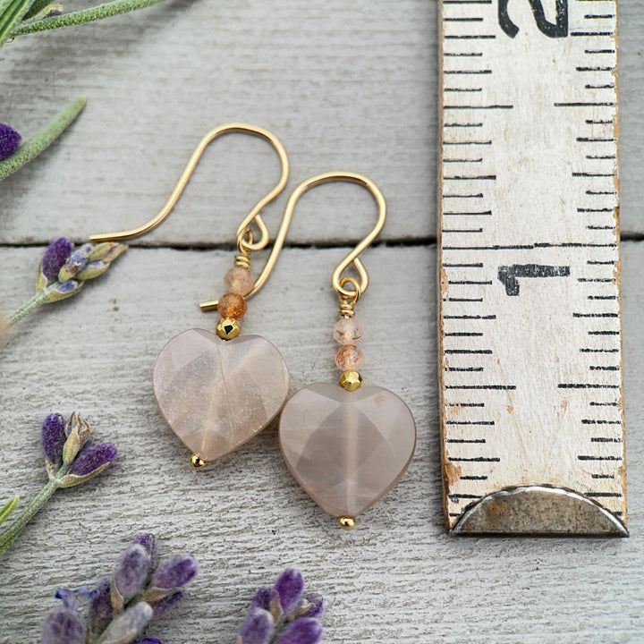 Sunstone Heart Earrings - Faceted Peach Gemstone Dangles -14k Gold Fill Earrings - Golden Heart Jewelry - SunlightSilver