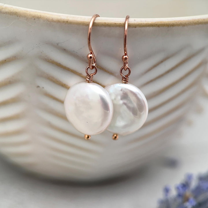 White Coin Pearl Earrings - 14k Rose Gold Fill Jewelry - Wedding Pearls - June Birthstone Gift - SunlightSilver