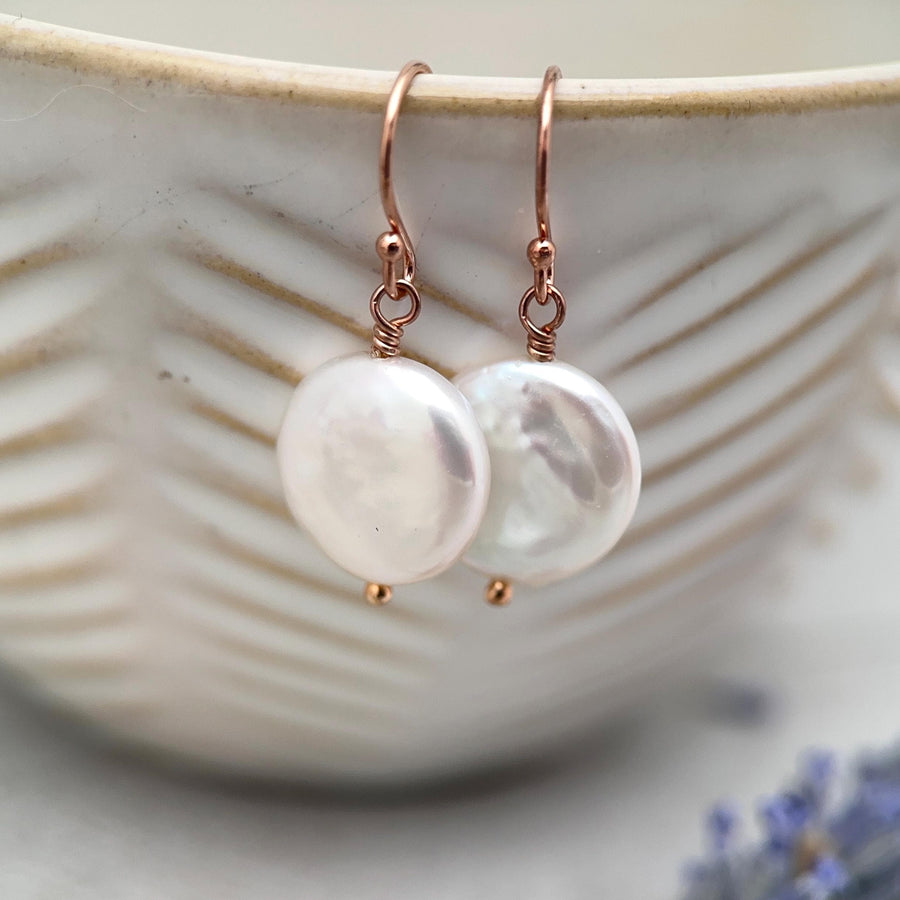 White Coin Pearl Earrings - 14k Rose Gold Fill Jewelry - Wedding Pearls - June Birthstone Gift - SunlightSilver