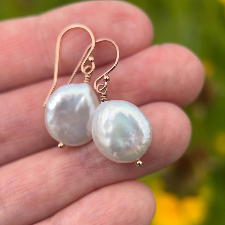 White Coin Pearl Earrings - 14k Rose Gold Fill Jewelry - Wedding Pearls - June Birthstone Gift - SunlightSilver