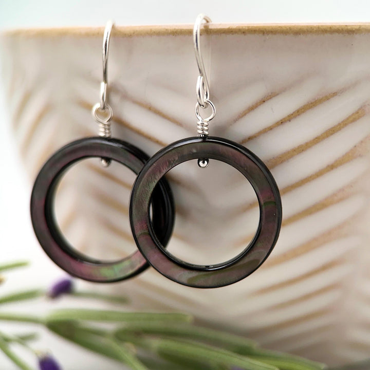 Black Mother of Pearl Teardrop Earrings – Elegant Sterling Silver Shell Drop Jewelry - Black Lip Oyster Shell Hoop Earrings - SunlightSilver