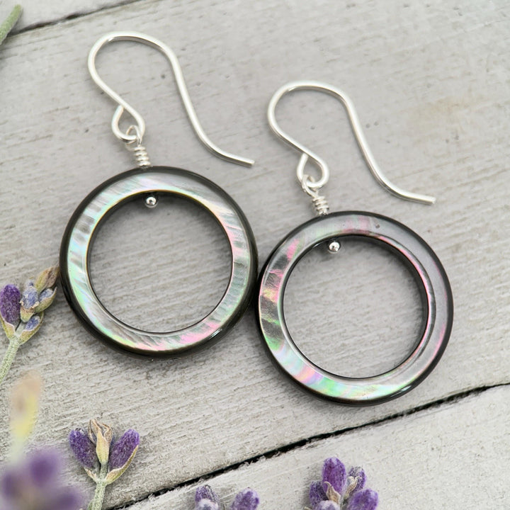 Black Mother of Pearl Teardrop Earrings – Elegant Sterling Silver Shell Drop Jewelry - Black Lip Oyster Shell Hoop Earrings - SunlightSilver
