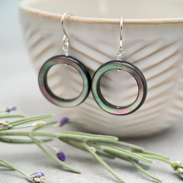 Black Mother of Pearl Teardrop Earrings – Elegant Sterling Silver Shell Drop Jewelry - Black Lip Oyster Shell Hoop Earrings - SunlightSilver