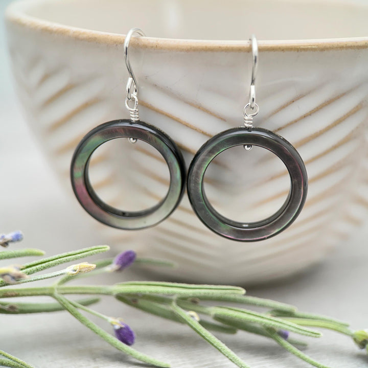 Black Mother of Pearl Teardrop Earrings – Elegant Sterling Silver Shell Drop Jewelry - Black Lip Oyster Shell Hoop Earrings - SunlightSilver