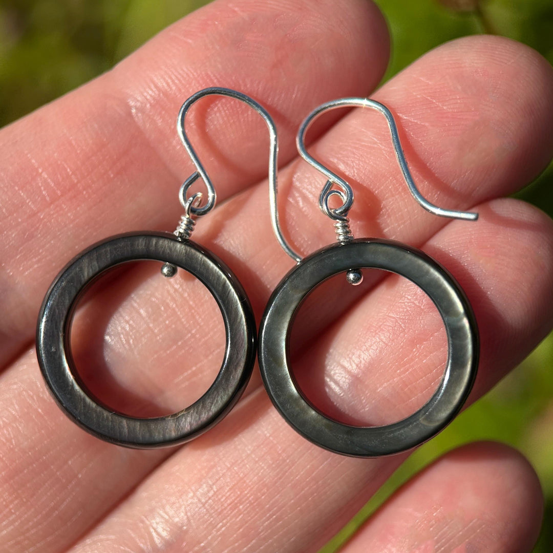 Black Mother of Pearl Teardrop Earrings – Elegant Sterling Silver Shell Drop Jewelry - Black Lip Oyster Shell Hoop Earrings - SunlightSilver