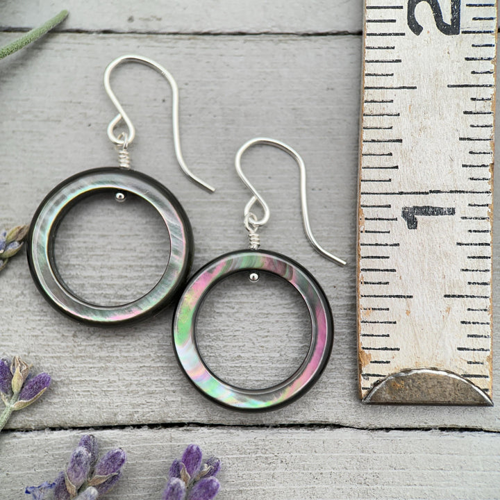 Black Mother of Pearl Teardrop Earrings – Elegant Sterling Silver Shell Drop Jewelry - Black Lip Oyster Shell Hoop Earrings - SunlightSilver