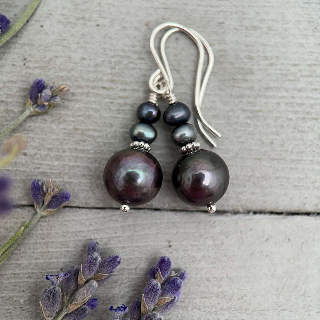 Peacock Baroque Coin Pearl Earrings – Iridescent Freshwater Pearls with Sterling Silver – Handmade in the USA - SunlightSilver
