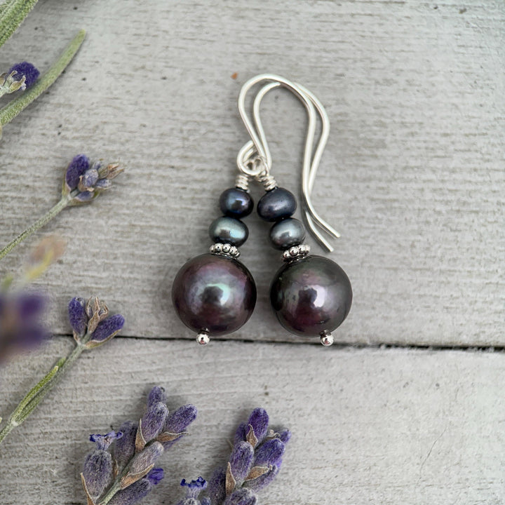 Peacock Baroque Coin Pearl Earrings – Iridescent Freshwater Pearls with Sterling Silver – Handmade in the USA - SunlightSilver