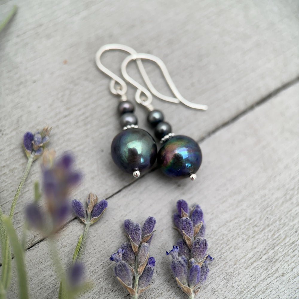 Peacock Baroque Coin Pearl Earrings – Iridescent Freshwater Pearls with Sterling Silver – Handmade in the USA - SunlightSilver