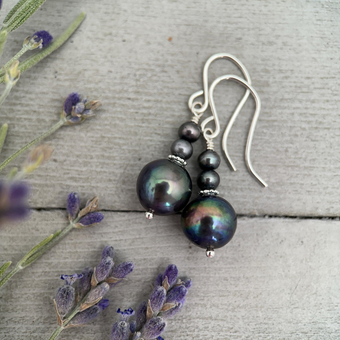 Peacock Baroque Coin Pearl Earrings – Iridescent Freshwater Pearls with Sterling Silver – Handmade in the USA - SunlightSilver