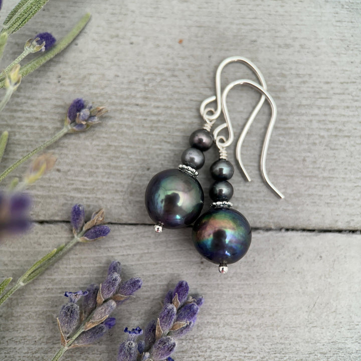 Peacock Baroque Coin Pearl Earrings – Iridescent Freshwater Pearls with Sterling Silver – Handmade in the USA - SunlightSilver