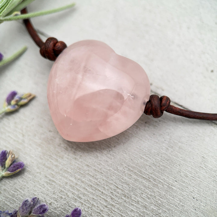 Rose Quartz Heart Pendant Necklace – Polished Pink Gemstone on Brown Leather Cord – Light Pink Healing Crystal - Handmade in the USA - SunlightSilver