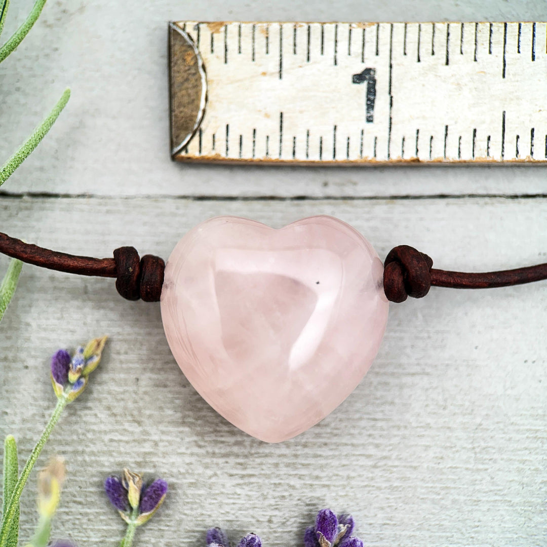 Rose Quartz Heart Pendant Necklace – Polished Pink Gemstone on Brown Leather Cord – Light Pink Healing Crystal - Handmade in the USA - SunlightSilver