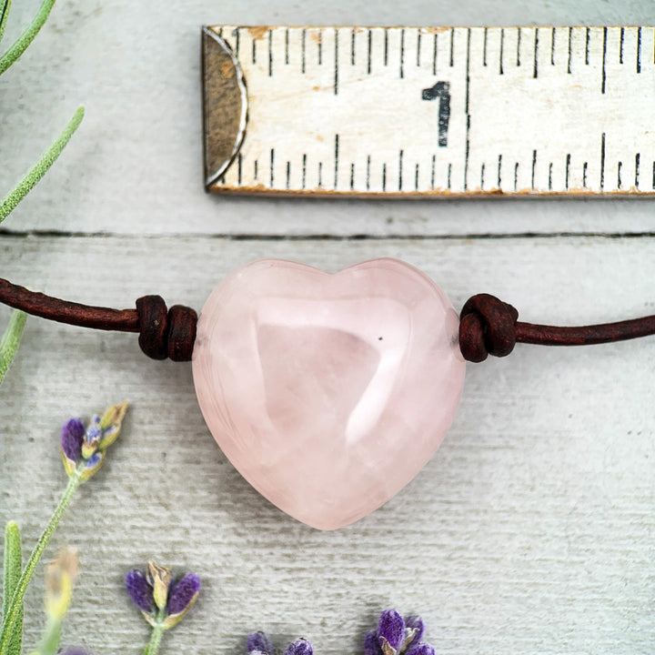 Rose Quartz Heart Pendant Necklace – Polished Pink Gemstone on Brown Leather Cord – Light Pink Healing Crystal - Handmade in the USA - SunlightSilver
