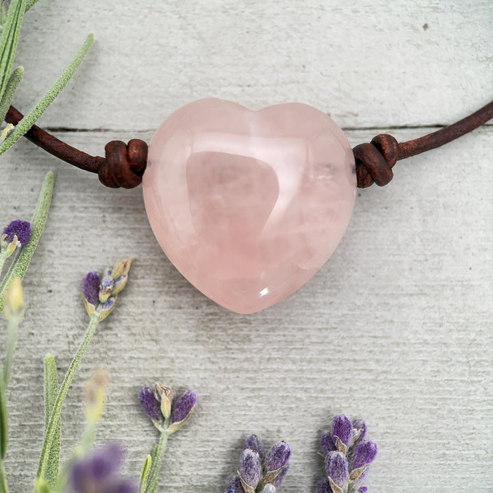 Rose Quartz Heart Pendant Necklace – Polished Pink Gemstone on Brown Leather Cord – Light Pink Healing Crystal - Handmade in the USA - SunlightSilver