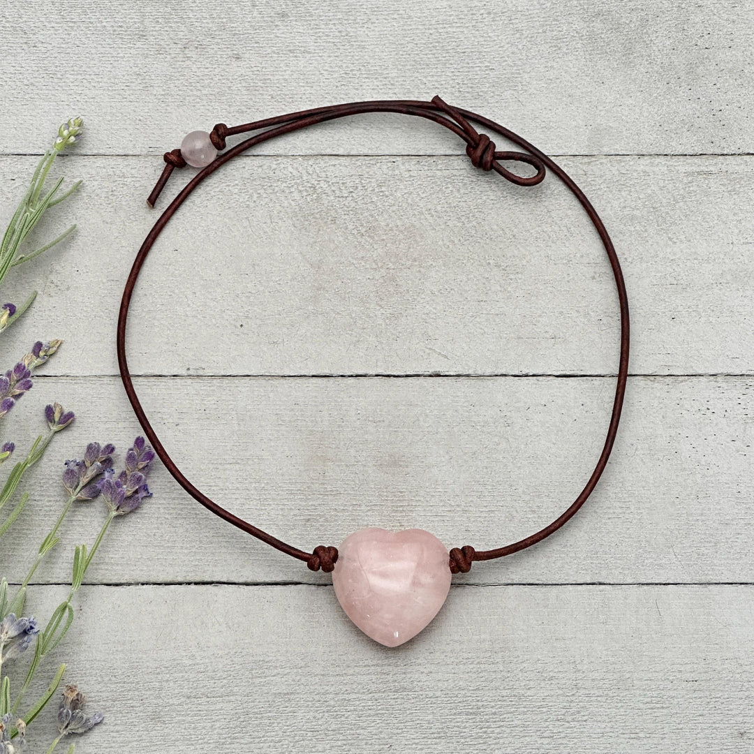 Rose Quartz Heart Pendant Necklace – Polished Pink Gemstone on Brown Leather Cord – Light Pink Healing Crystal - Handmade in the USA - SunlightSilver
