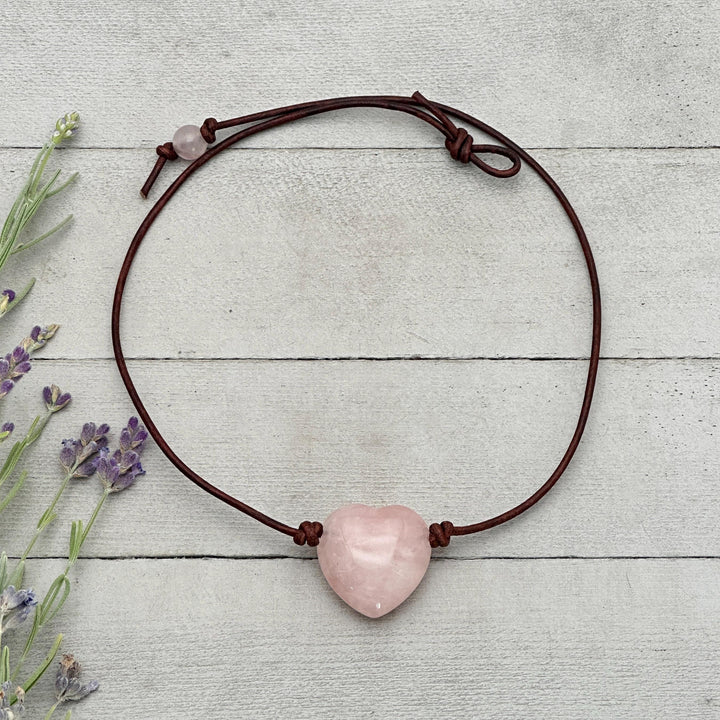 Rose Quartz Heart Pendant Necklace – Polished Pink Gemstone on Brown Leather Cord – Light Pink Healing Crystal - Handmade in the USA - SunlightSilver